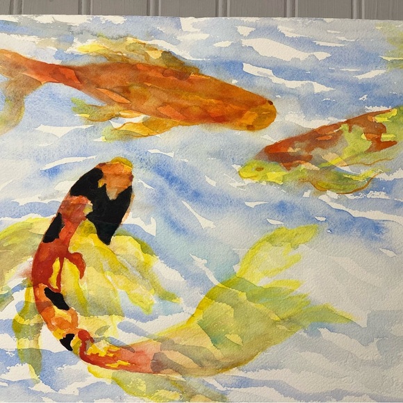 Original Watercolor Fish Art Painting Colorful Blue Yellow Orange NWOT - Picture 2 of 6